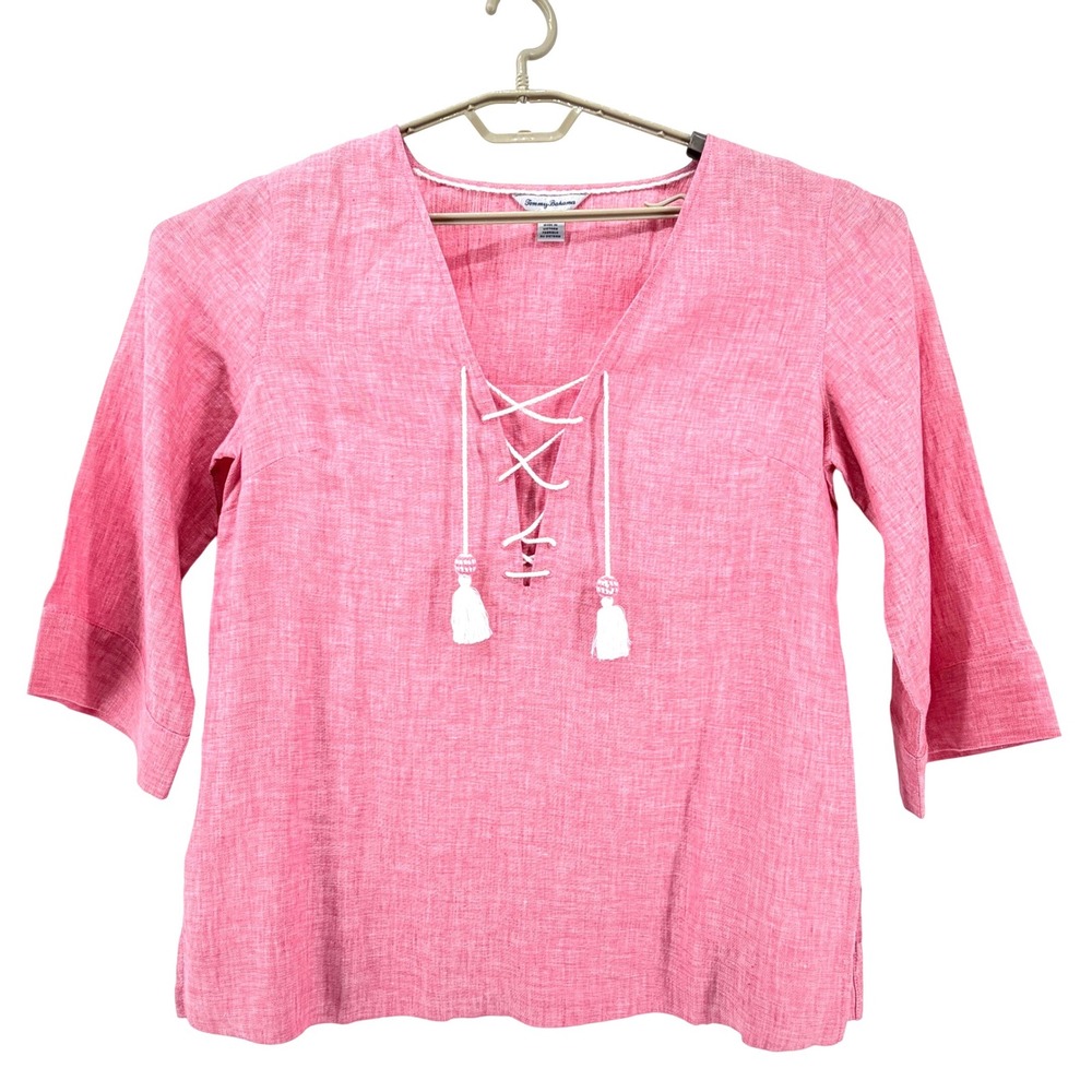 Tommy Bahama Tunic Women Size M Coral Pink 100% Linen Lace Up Tassel Top - Picture 2 of 10
